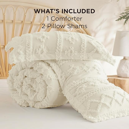 Bedsure Tufted Boho Comforter Set California King Size - Ivory Boho Bed Set, GentleSoft™ 3 Pieces Farmhouse Shabby Chic Embroidery Bedding, Gifts for Woman, Soft Jacquard Comforter for All Seasons
