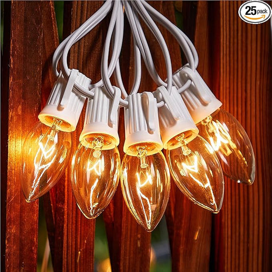 Minetom C9 Clear Christmas String Lights, 25FT 25 Blubs Bright & Warm Outdoor Christmas Lights, Long Life C9 String Lights for Tree Patio Gazebo Wreath, White Wire