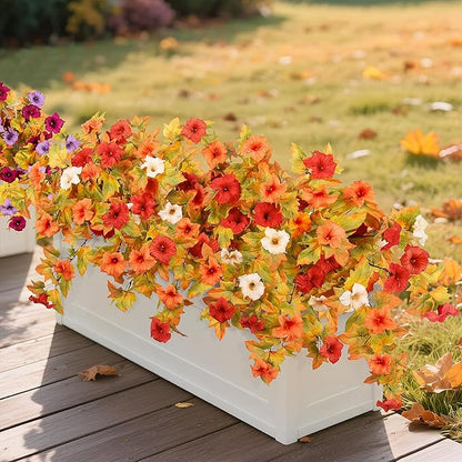 Artificial Fall Flowers Fake Petunias Plants for Outdoor Decoration, 2 Pcs Silk Faux Flowers UV Resistant No Fade Plants for Garden Balcony Yard Porch Realistic Indoor Decor (Orange White)