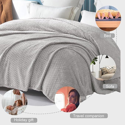 Exclusivo Mezcla Light Grey Fleece Queen Size Blanket for Bed, 90x90 Inches Soft Cozy 3D Decorative Jacquard Flannel Blankets, Lightweight Fuzzy Plush Warm Blankets for All Seasons