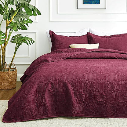 Love's cabin Quilts for Full Bed Burgundy Bedspreads Bedding Set - Lightweight Bedspread Comforter - Coin Pattern Bedding Coverlet for All Season - 3 Pieces (1 Quilt, 2 Pillow Shams)
