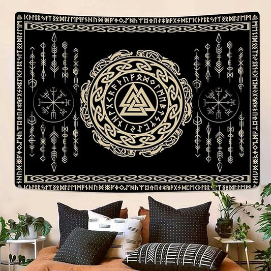 OSUNBD Nordic Viking Tapestry Wall Hanging - Small 40x30inches Soft Flannel with Valknut, Celtic Runes & Norse Mythology Scandinavian for Bedroom, Living Room Decor