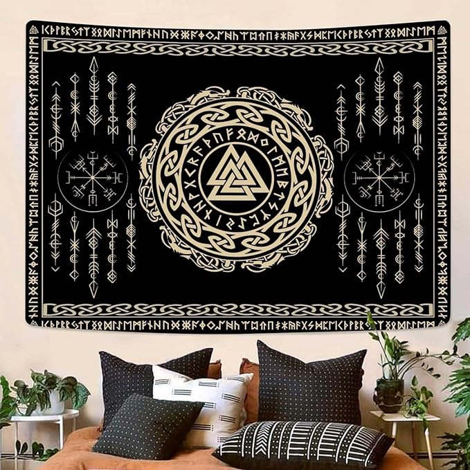 OSUNBD Nordic Viking Tapestry Wall Hanging - Small 70x47 inches Soft Flannel with Valknut, Celtic Runes & Norse Mythology Scandinavian for Bedroom, Living Room Decor