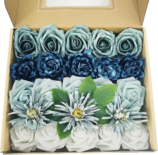 Artificial Flowers Fake Roses, Faux Plant with Stems for DIY Wedding Bouquets Bridal Shower Centerpieces Arrangements Party Tables Decorations (23, Mix Shades of Blue)