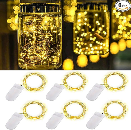 Fairy Lights Battery Operated, 6-Pack Mini String Lights, 20 LED 7ft Twinkle Firefly Starry Lights for DIY Craft Mason Jar Bedroom Wedding Party Table Christmas Decoration (Warm White)