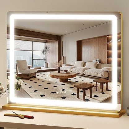 FENNIO 23" x 18" Vanity Mirror with Lights，LED Makeup Mirror，Hollywood Mirror with 3 Color Modes & Adjustable Brightness，Vanity Mirror Gold