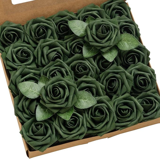Ling’s Moment Artificial Flowers 25Pcs Emerald Green Roses Decor w/Stems,3" Real Touch DIY Foam Floral for Wedding Bouquet/Centerpieces, Outdoors Party Backdrop, Room/Table, and Garden/Pot Decorations