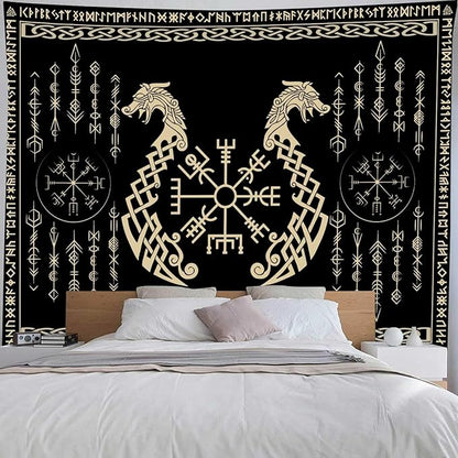 OSUNBD Nordic Vikings Tapestry, Small 7047 inches Soft Flannel, Vegvsir Symbol Twins Dragons Celtic Rune Scandinavian Aesthetic Mythology Tapestry Wall Hanging for Bedroom Living Room Decor