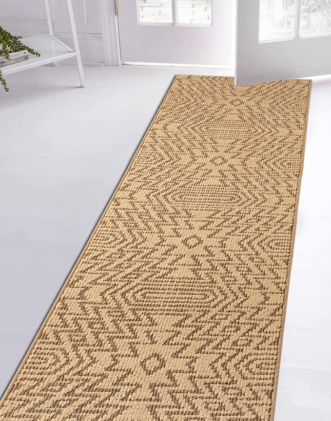 Custom Length Cut to Size Tribal Ethnic Southwestern Inspired Hallway Runner Rug, Non Slip Rubber Backed, 31 inch Wide X Customized Length, Inca Tan, 31 inch X 14 feet