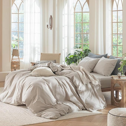 MooMee Bedding Duvet Cover Set 100% Washed Cotton Linen Like Textured Breathable Durable Soft Comfy (Solid Light Tan, Twin 68"x90")