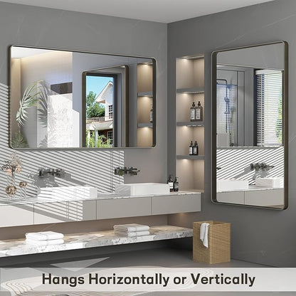 48x36 Bronze Framed Bathroom Mirror, Rectangle Brushed Bronze Metal Vanity Mirror, Large Modern Mirror for Wall, Rounded Corner, Tempered Glass, Anti-Rust, Shatterproof (Horizontal/Vertical)
