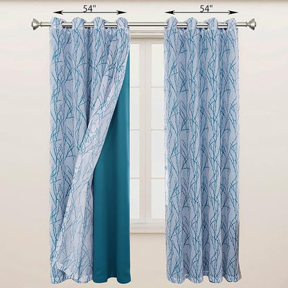 BONZER Mix and Match Curtains - 2 Pieces Branch Print Sheer Curtains and 2 Pieces Blackout Curtains for Bedroom Living Room Grommet Window Drapes, 54x84 Inch/Panel, Teal, Set of 4 Panels