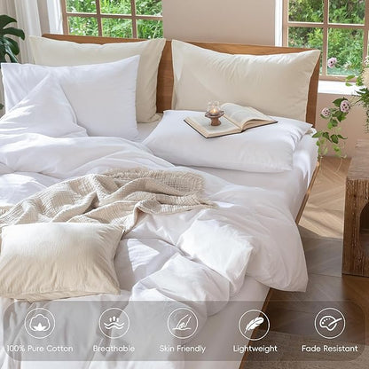 MooMee Bedding Duvet Cover Set 100% Washed Cotton Linen Like Textured Breathable Durable Soft Comfy (Solid Bright White, Palatial King/Oversized King 120"x98")