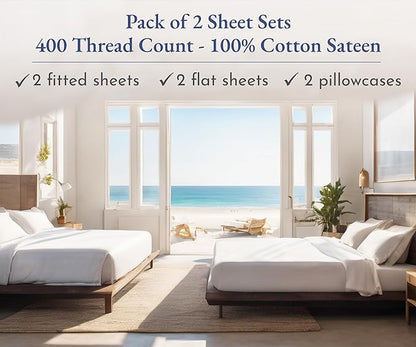 2-Pack Twin XL Sheet Sets - 400 Thread Count 100% Cotton Sateen Sheets - Extra Soft, Breathable & Cooling Sheets, Wrinkle Resistant, 2 Sets of Deep Pocket Bed Sheets - Indigo Dusty Blue