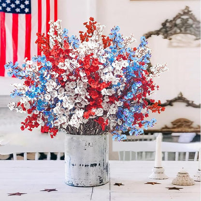 Uieke 30 Pcs 4th of July Artificial Flowers Fake Patriotic Babys Breath Flowers for Independence Day Decor Blue White Red Silk Flowers for Memorial Day Floral Arrangement Home Wedding