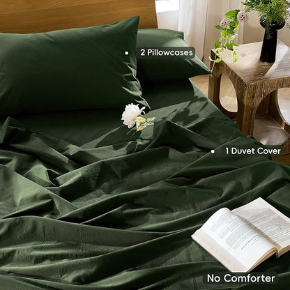 MooMee Bedding Duvet Cover Set 100% Washed Cotton Linen Like Textured Breathable Durable Soft Comfy (Solid Forest Green, Super King Plus 120"x120")