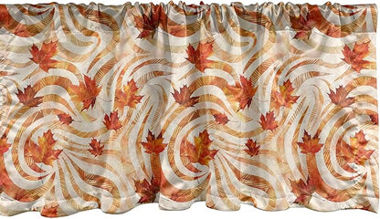Ambesonne Fall Window Valance, Autumnal Theme with Swirly Intricate Shapes and Flying Leaves Print, Curtain Valance for Kitchen Bedroom Decor with Rod Pocket, 54" X 12", Ginger Marigold and Beige