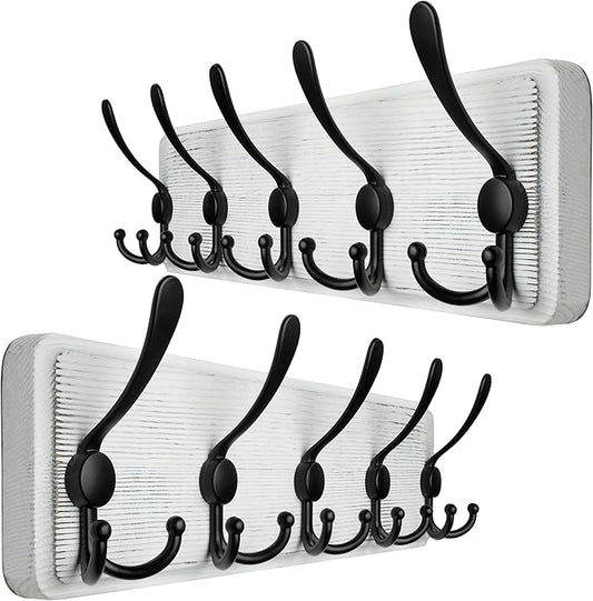 WEBI Coat Rack Wall Mount,Wood Coat Hooks Wall Mounted Coat Hanger,16" Hole to Hole,Wall Hook Rack Rail,5 Triple Hooks for Hanging Coats,Clothes,Jacket,Hats,Entryway,Black/White,2 Packs