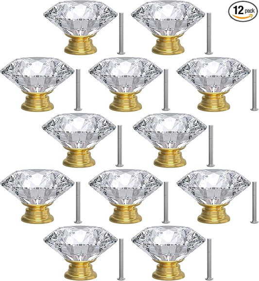 12-Pack Crystal Glass Cabinet Knobs for Home Decor, Vanity Drawers, Desks, Wardrobe Doors, Standard Screws Easy Installation for Home Refurbishment and Redecoration (Clear Crystal, 40mm, Gold Base)