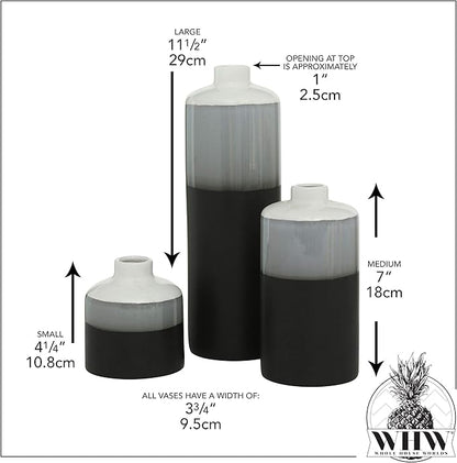 Iconic Dipped Scandinavian Style Bud Vases, Set of 3, Glazed Porcelain, Tonal Shades, Pale Grey, Grey, and Black, Round, 11.5, 7, 4.25 Inches