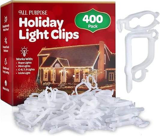 All-Purpose Holiday Light Clips [Set of 400] Christmas Light Clips, Outdoor Light Clips - Mount to Shingles & gutters - Works with Mini, C6, C7, C9, Rope, Icicle Lights - No Tools Required - USA Made