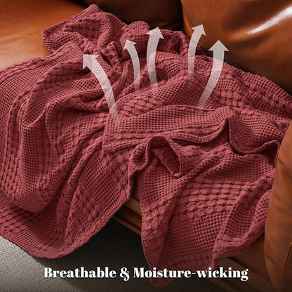 PHF 100% Cotton Waffle Weave Blanket Twin Size for Bed, Soft Lightweight & Breathable, All-Season Comfort, Luxury Aesthetic Woven Bedding for Home Decor, 66"x90", Wine Red