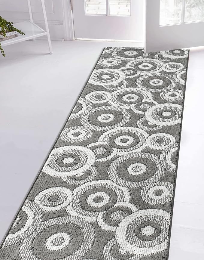 Custom Length Cut to Size Retro Modern Geometric Carpet Runner Rug for Hallways, Non Slip Rubber Backed, 31 inch Wide X Customized Length, Geo Grey, 31 inch X 30 feet