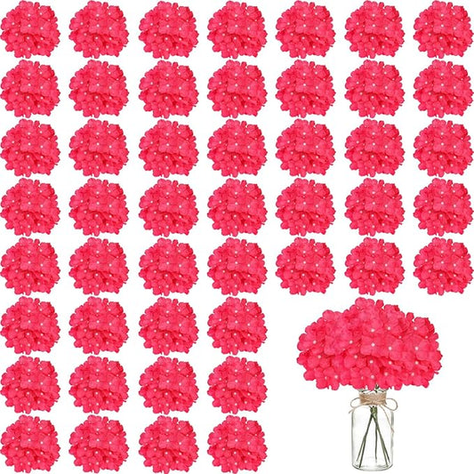 100PCS Artificial Hydrangea Flowers, Fake Flowers Silk Hydrangea Full Flowers Heads with Stems for Wedding Home Party Shop Baby Shower Decor (Rose Red)