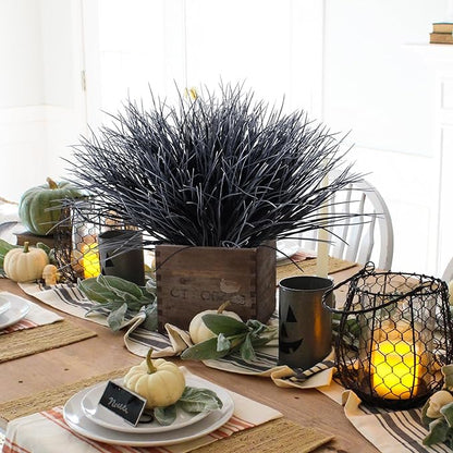 Black and White Plants Halloween Faux Flowers,Artificial Onion Grass Fake UV Resistant Outdoor Shrubs Plants Flowers Greenery Stems Faux Wheat Grass for Garden Home Window Box Porch Decor(Black White)