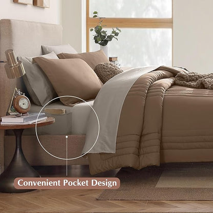 Monbix Queen Comforter Set - 7 Pieces Raw Umber Bed in a Bag Queen Bedding Sets with Comforters, All Seasons Down Alternative Comforter Bed Set with Sheets,Pillowcases & Shams