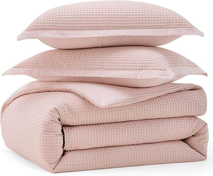 Bedsure Cotton Duvet Cover King - 100% Cotton Waffle Weave Pink Duvet Cover King Size, GentleSoft™ and Breathable Bedding Set for All Season, 3 Pieces, 104"x90"