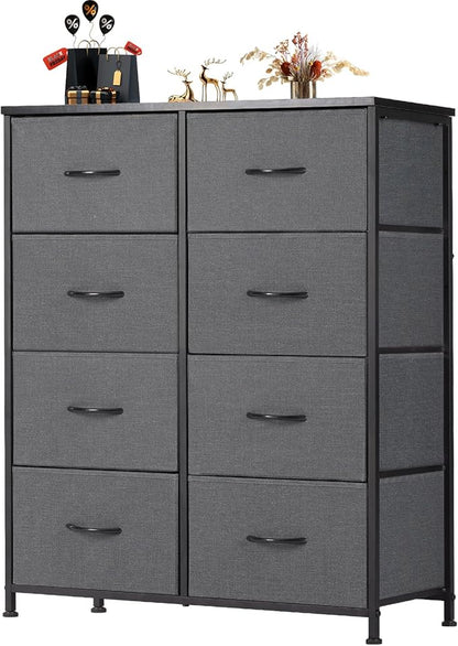 OLIXIS Dresser for Bedroom, 8 Storage Drawers, Tall Large Fabric Storage Tower Organizer, Chest of Drawers with Metal Frame Wooden Top for Nursery, Closet, Living Room, Entryway, Classic Grey