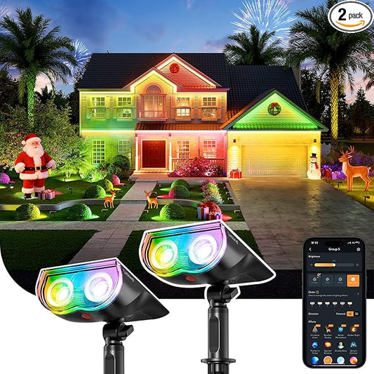Linkind Smart Solar Spot Lights Outdoor SL5C, Solar Lights Outdoor Spotlight Color Changing APP/Voice Control Landscape Lighting, IP67 Christmas Halloween Decorations for Yard, Garden, Pathway(2 Pack)
