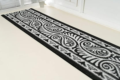 Custom Length Cut to Size Tribal Ethnic Southwestern Inspired Hallway Runner Rug, Non Slip Rubber Backed, 31 inch Wide X Customized Length, Mayan Black, 31 inch X 12 feet