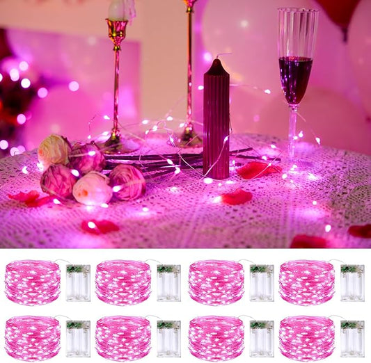 JMEXSUSS 8 Pack 50 LED Christmas Fairy Lights Battery Operated String Lights, 16ft Pink Twinkle Fairy Lights Indoor Outdoor Waterproof for Mason Jars Bedroom Party Wedding Christmas Decorations