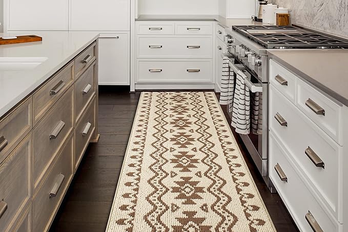 Custom Length Cut to Size Tribal Ethnic Southwestern Inspired Hallway Runner Rug, Non Slip Rubber Backed, 31 inch Wide X Customized Length, Aztec Beige, 31 inch X 29 feet