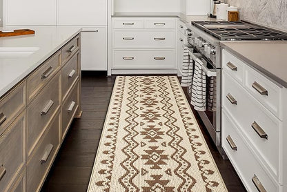 Custom Length Cut to Size Tribal Ethnic Southwestern Inspired Hallway Runner Rug, Non Slip Rubber Backed, 31 inch Wide X Customized Length, Aztec Beige, 31 inch X 27 feet
