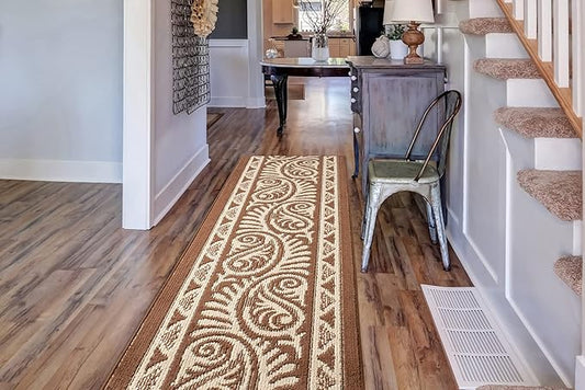 Custom Length Cut to Size Tribal Ethnic Southwestern Inspired Hallway Runner Rug, Non Slip Rubber Backed, 31 inch Wide X Customized Length, Mayan Brown, 31 inch X 18 feet