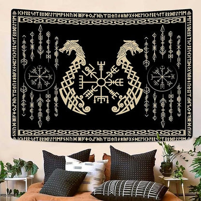 OSUNBD Viking Dragon Tapestry Ancient Rune Dragon Totem Norse Mythology Wall Art Tapestries Black Mystical Geometric Norse Mythology Tapestry Large Size 78.7”x59.1” for Bedroom Living Room Dorm