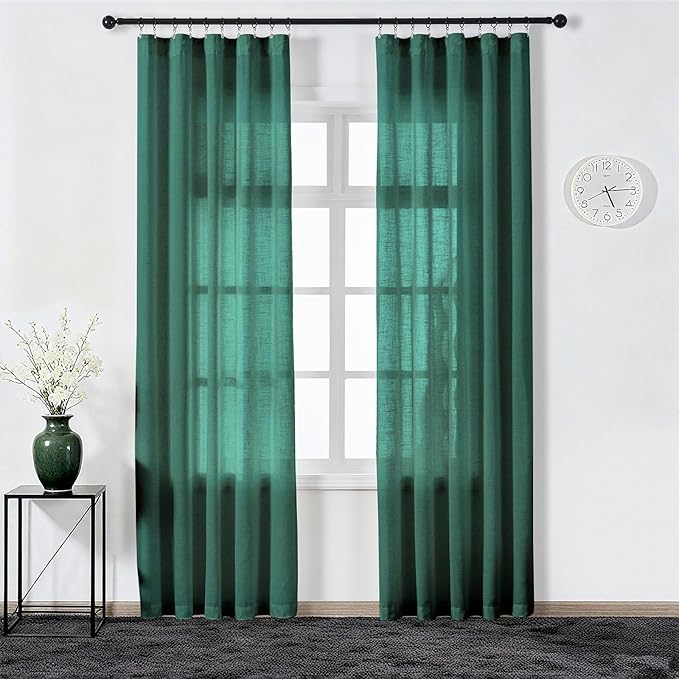 Emerald Green Curtains Semi Sheer 90 Inches Long, Dark Linen Textured Light Filtering Drapes for Living Room Dining, Hunter Green Window Decor, Pinch Pleat Curtain with Hooks
