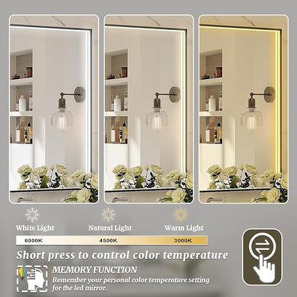 40x28 Inch LED Bathroom Mirror, Black Metal Framed Lighted Mirror for Bathroom, Wall Mouted LED Vanity Mirror with Lights, 3 Colors and Stepless Dimmable, Anti-Fog, Memory
