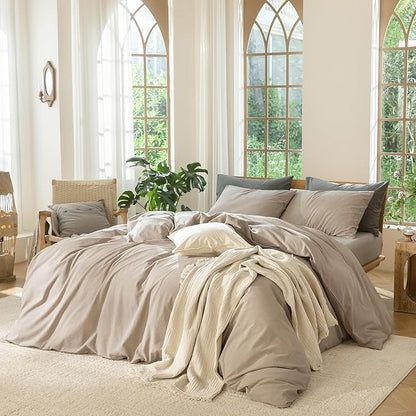 MooMee Bedding Duvet Cover Set 100% Washed Cotton Linen Like Textured Breathable Durable Soft Comfy (Heathered Taupe, Super King 108"x98")