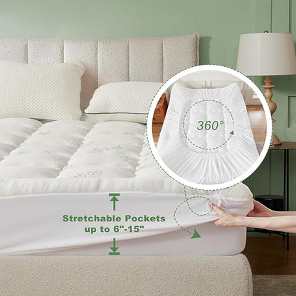 BEDLORE Twin Mattress Topper Viscose Derived from Bamboo, Thick Pillow Top Mattress Pad with Stretchable Pockets for 6-15 inches Mattress, Soft Breathable Mattress Topper for Back Pain Relief