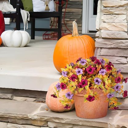Artificial Fall Flowers Fake Petunias Plants for Outdoor Decoration, 2 Pcs Silk Faux Flowers UV Resistant No Fade Plants for Garden Balcony Yard Porch Realistic Indoor Decor (Burgundy Purple)