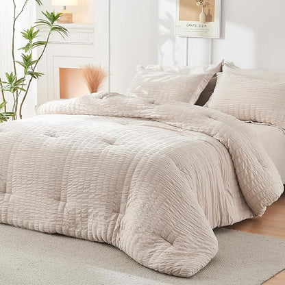 HYMOKEGE Beige Oversized King Comforter Set Seersucker 7 Pieces, All Season Luxury Bed in a Bag for Bedroom, Bedding Set with Comforter, Sheets, Pillowcases & Shams
