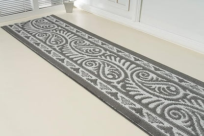 Custom Length Cut to Size Tribal Ethnic Southwestern Inspired Hallway Runner Rug, Non Slip Rubber Backed, 31 inch Wide X Customized Length, Mayan Grey, 31 inch X 14 feet