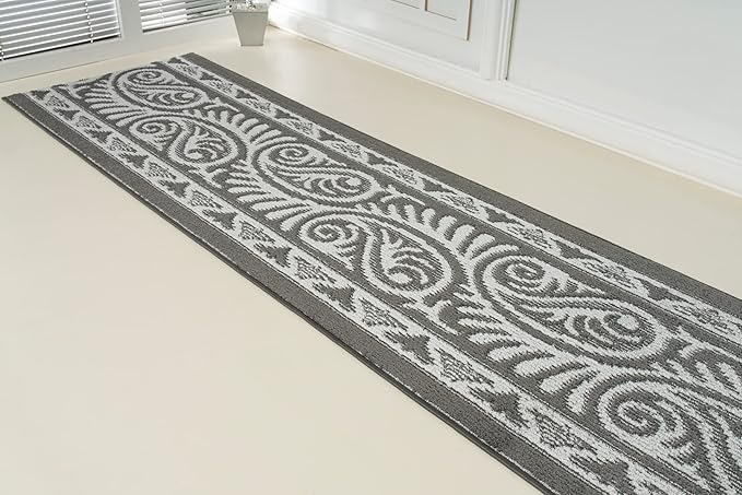 Custom Length Cut to Size Tribal Ethnic Southwestern Inspired Hallway Runner Rug, Non Slip Rubber Backed, 31 inch Wide X Customized Length, Mayan Grey, 31 inch X 22 feet