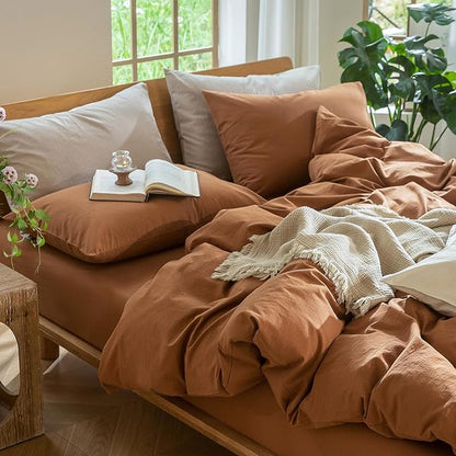 MooMee Bedding Duvet Cover Set 100% Washed Cotton Linen Like Textured Breathable Durable Soft Comfy (Solid Dark Orange, Full 80"x90")