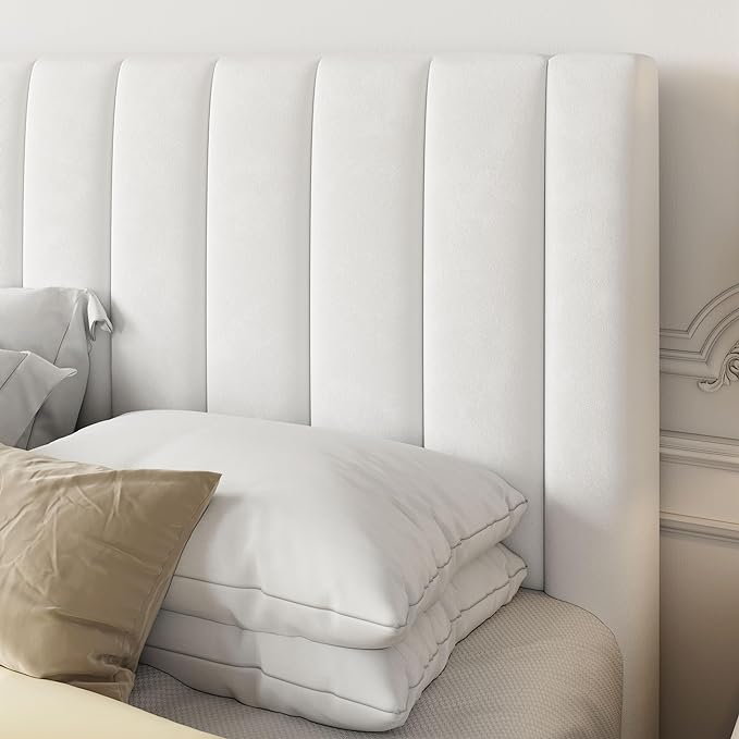 Allewie King Bed Frame/Velvet Upholstered Bed Frame with Vertical Channel Tufted Headboard/Strong Wooden Slats/Platform Bed Frame/Mattress Foundation/Box Spring Optional/Easy Assembly/White