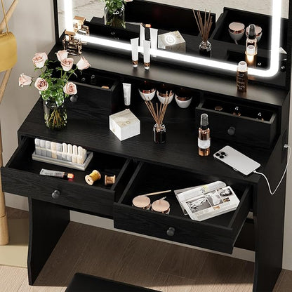 IRONCK Vanity Desk Set with LED Lighted Mirror & Power Outlet, Makeup Vanity Table with 4 Drawers,Storage Bench,for Bedroom, Bathroom, Black